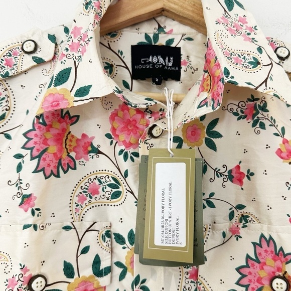 House of Aama Mens 100% Silk Paisley Floral Button Up Western Shirt Small New - Picture 5 of 9